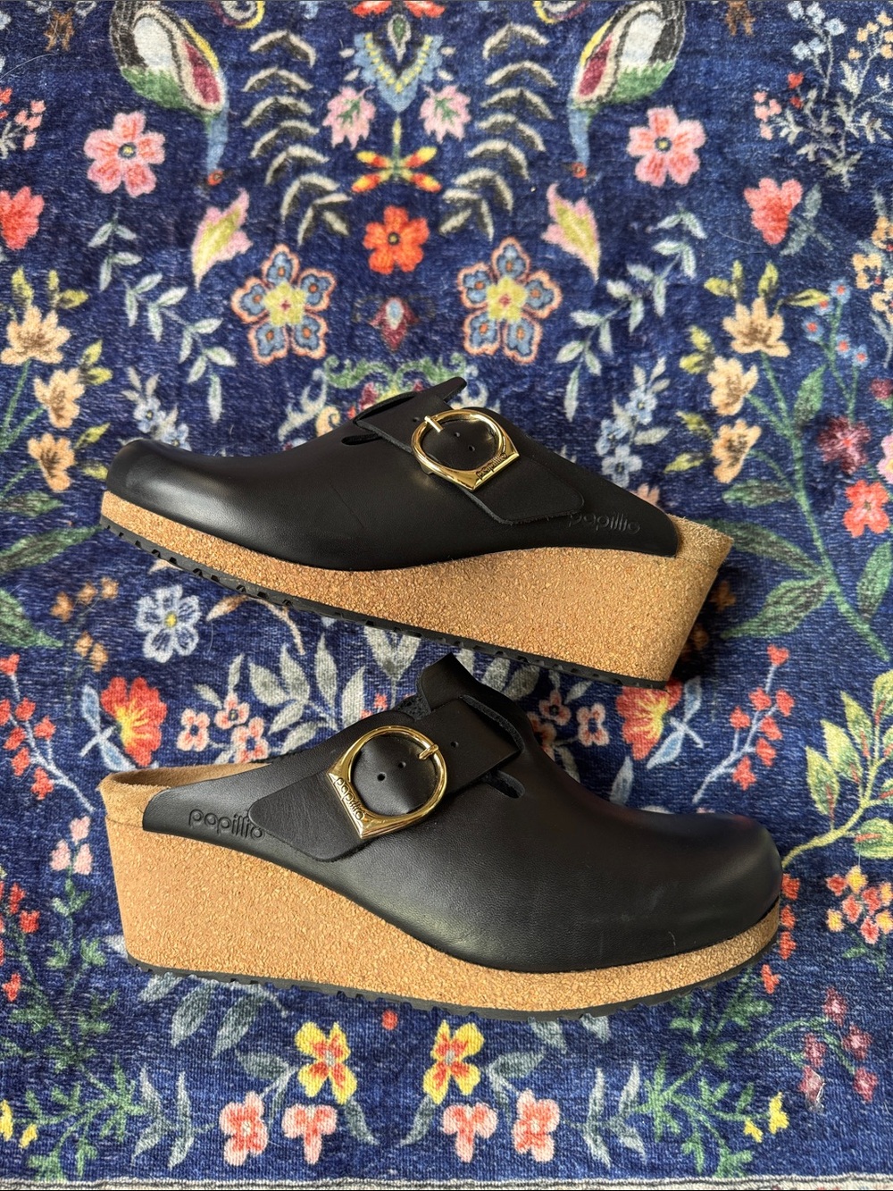 Black Leather Slip-On Clogs with Gold Buckle
